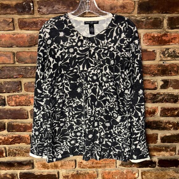 Elena Solano Beige Black Lace Floral Print Wool Rabbit Hair Cardigan Sweater 1X - Picture 1 of 5
